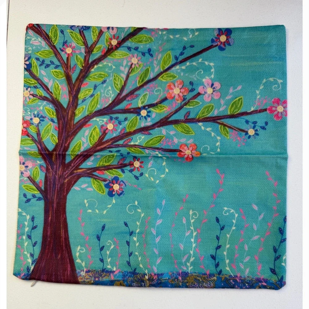 Tree of Life Floral Throw Pillow Cover 18x18 Blue Pink Boho Art Burlap Style